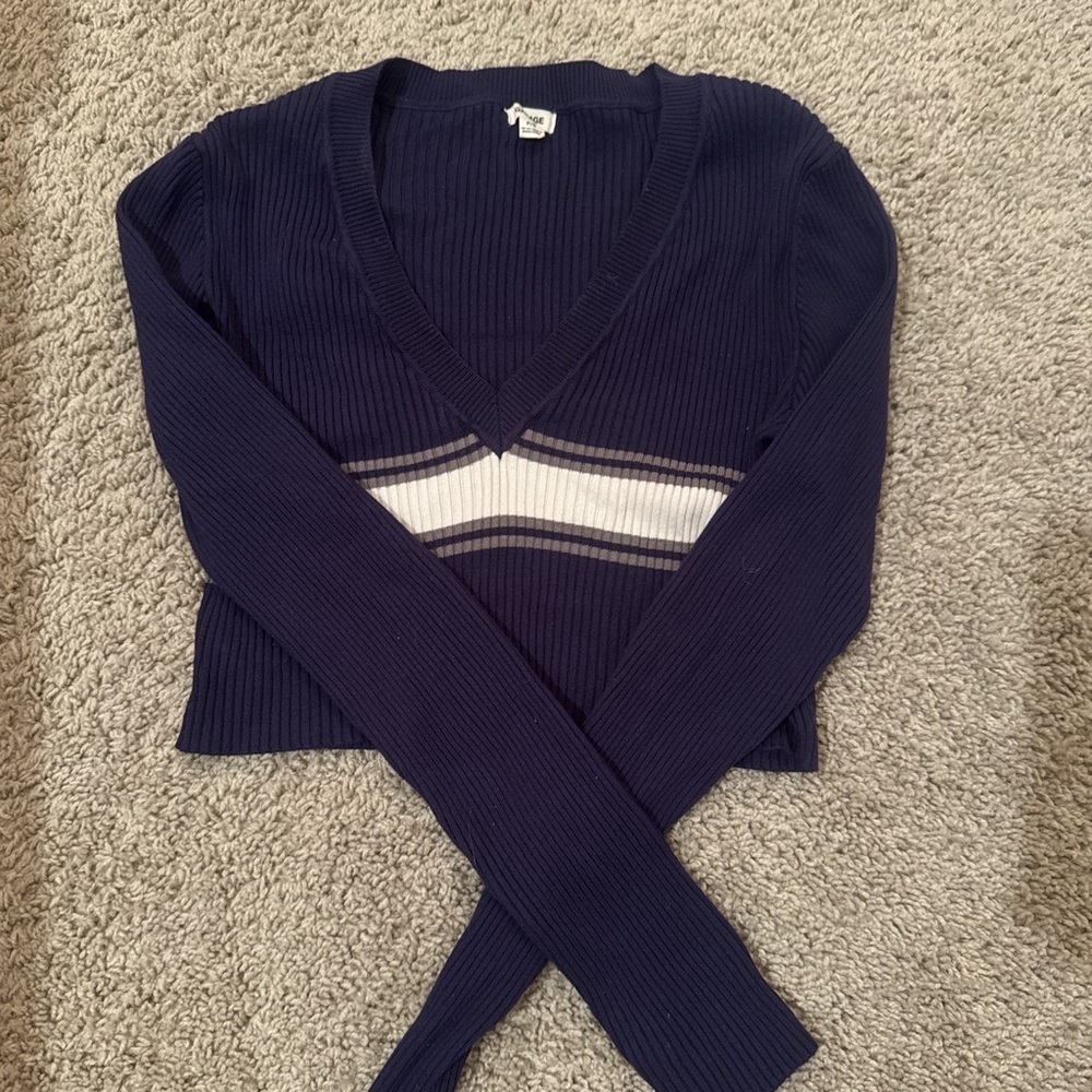 Garage Blue and White V-Neck Sweater with Sporty Stripe